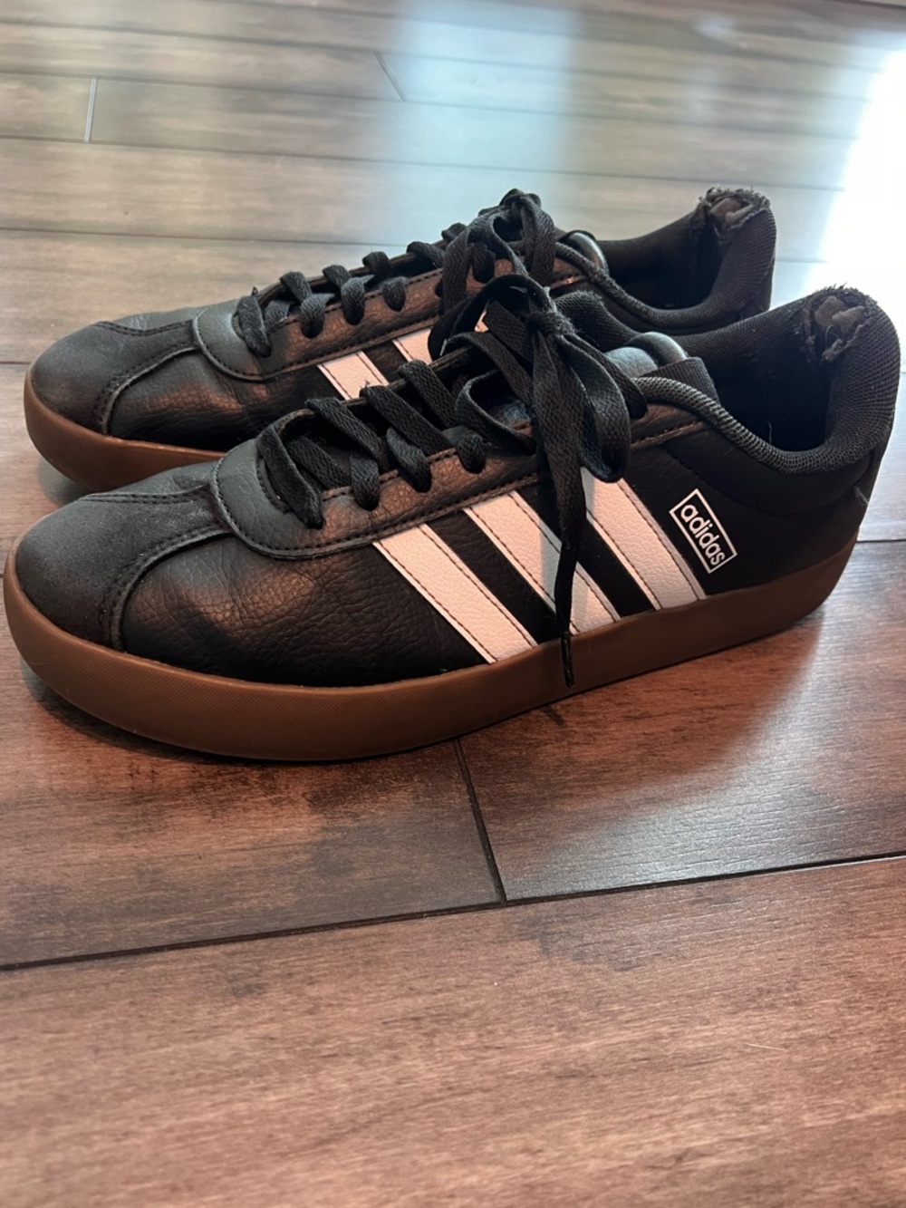 Adidas VL Court 3.0 Black Sneakers White Stripes and Brown Sole Women’s 10